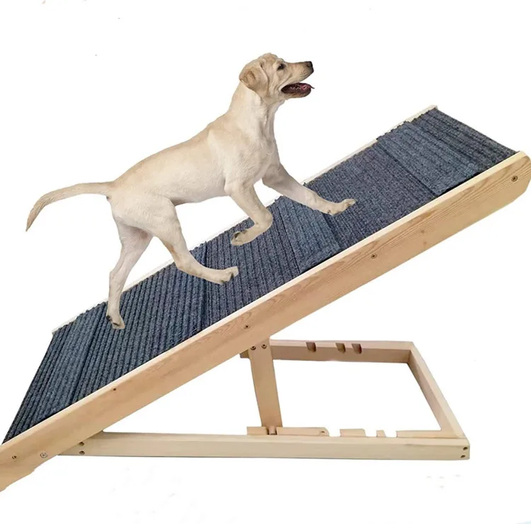 Portable Solid Wooden Pet Ramp Anti-skid Dog Climb Carpet Ladder Folding 4 Levels Non-Slip Mat Cat Adjustable Stair To Sofa Bed