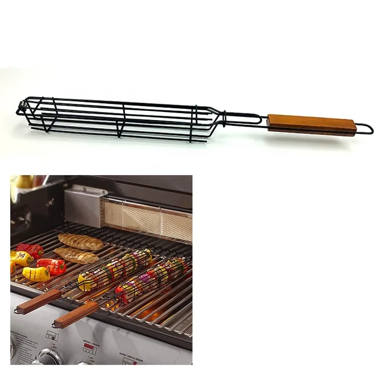 Non-stick Portable BBQ Kabob Charcoal Metal Basket vegetables grill Flip Grill Jumbo Shrimps For BBQ Basket Grilling Net