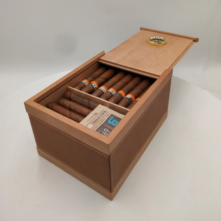 Деревянная коробка для сигар с гигрометром из искусственной кожи деревянная Хранения