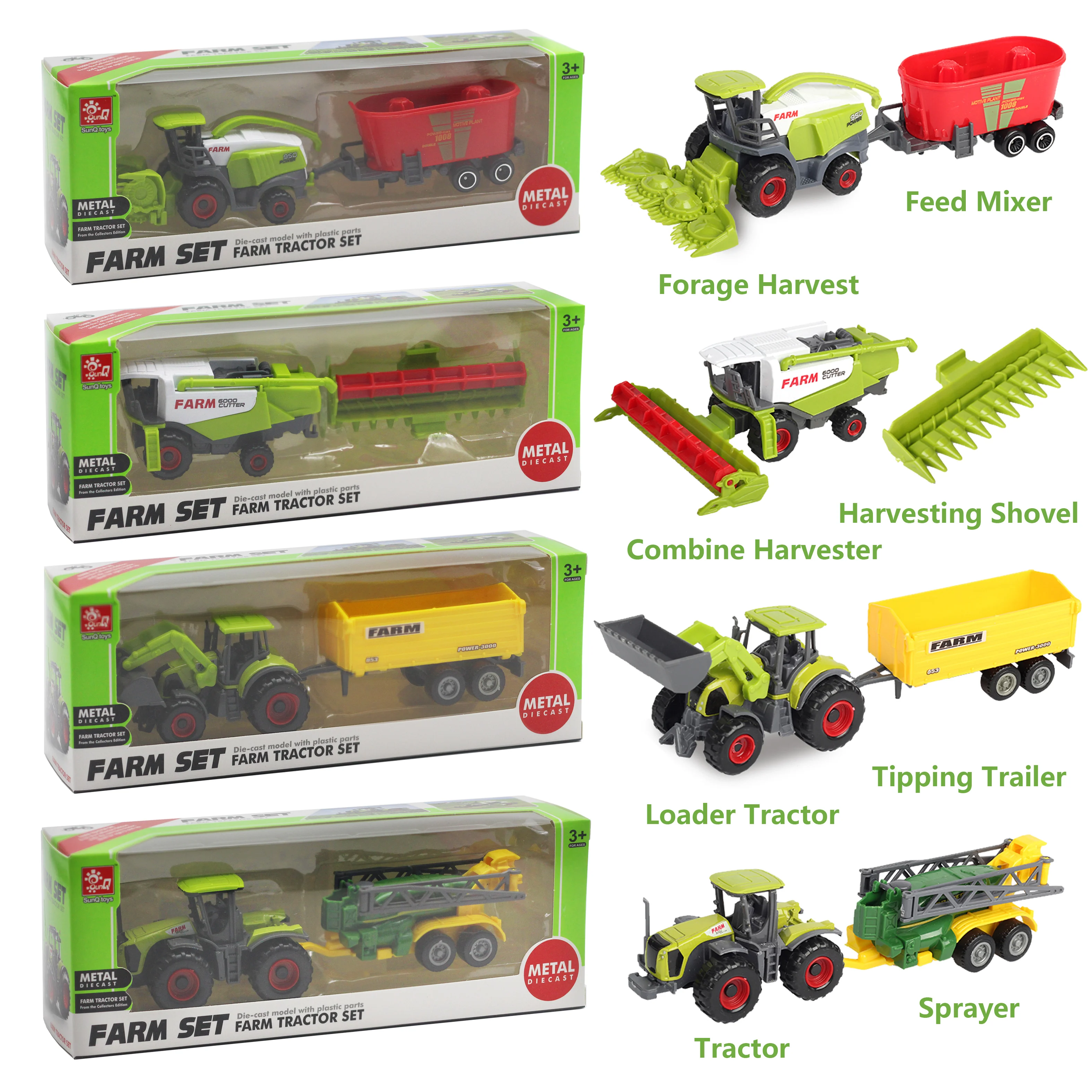 SunQ Multifunctional metal diecast vehicle toy car farm 24pcs alloy toy tractor trailer set