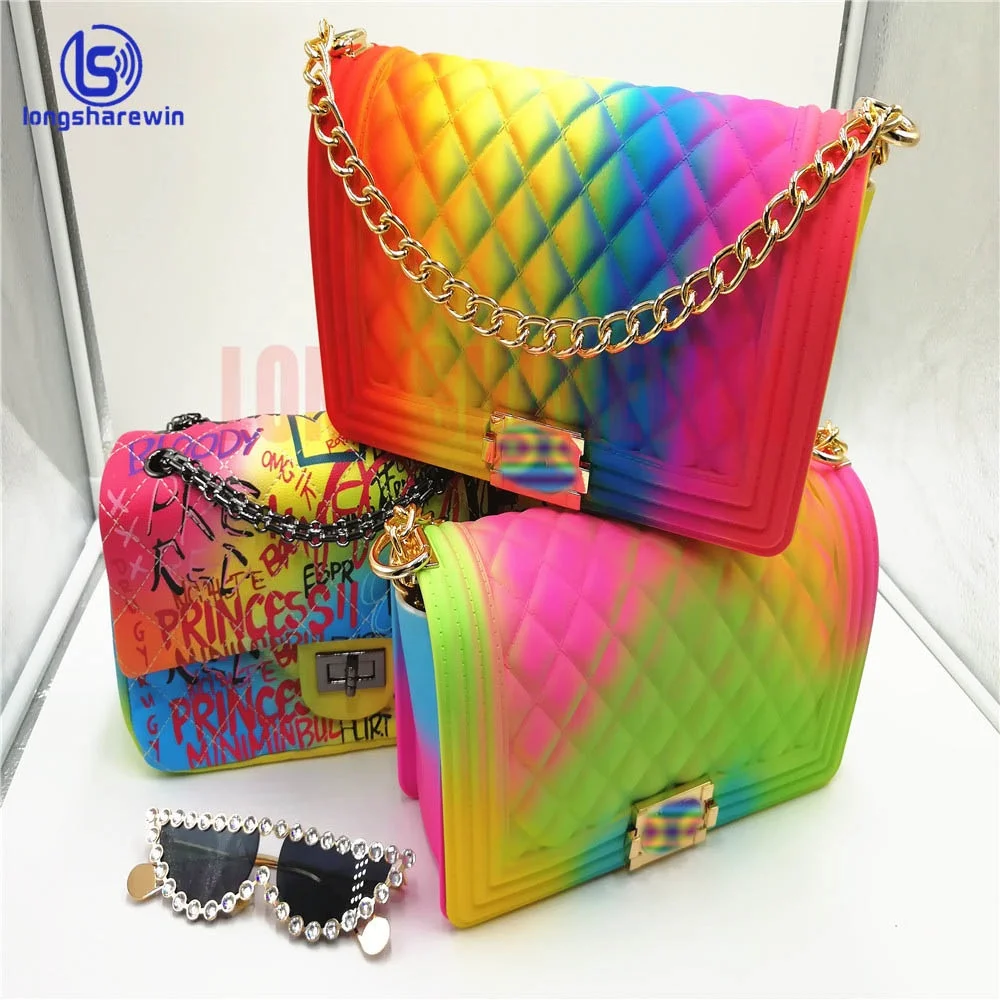 brand rainbow clear shoulder tote women candy totes ladies pvc crossbody  purse jelly bag handbag
