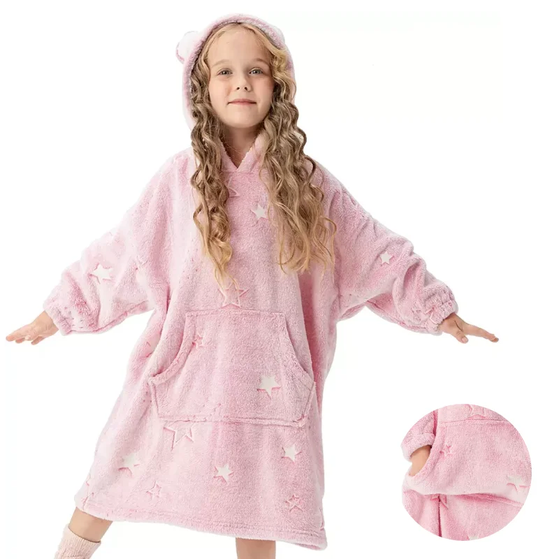 custom logo  hooded wearable sweatshirt glow in the dark custom logo flannel fleece sherpa luminoud oversized blanket hoodie