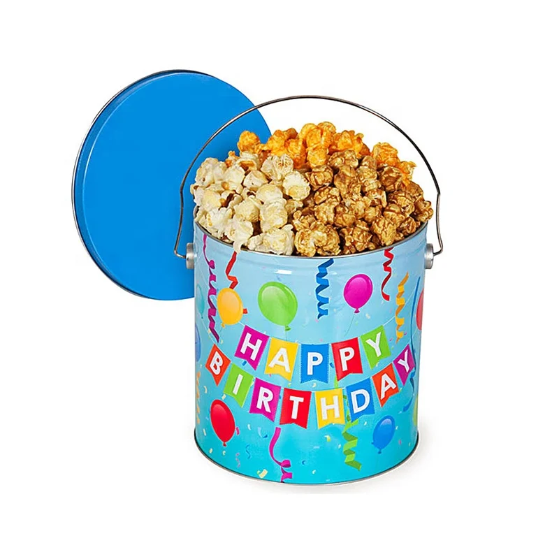 1 Gallon Metal Round Empty Packing Food Grade Popcorn Tin Bucket Tin Box Tinplate Wholesale Custom Popcorn Tin