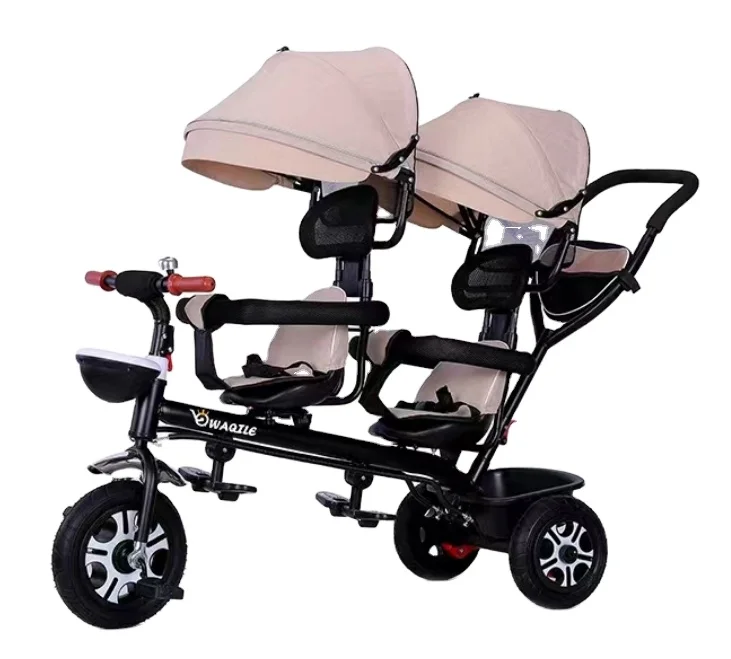 Three-wheeled twin stroller can be easily folded for two persons Portable three-wheeled stroller