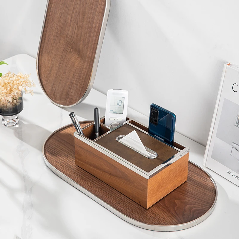 Hotel serving Tray customised light luxury 304 stainless steel round silver tray High-grade walnut wood hotel storage tray