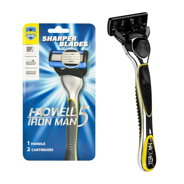 HAOWELL Low MOQ system five 5 blade shaving razor blade with metal handle OEM blister card packing