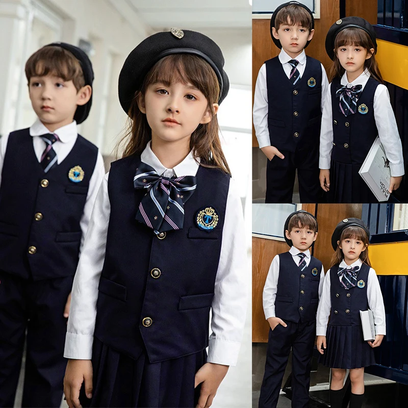 customization kindergarten primary middle school sleeveless vest skirt pants white shirt 4 pieces boys girls school uniform