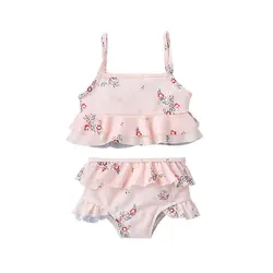 Children Swimsuit Flower Print Baby Girls Swimwear 2022 Summer Halter Kids Bikini Girls Pink Beachwear Bathing Suit 1-6Y