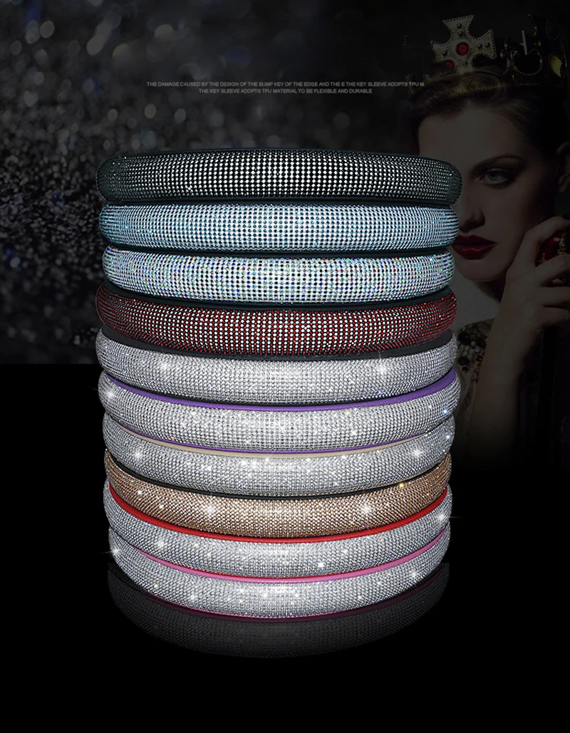 
Luxury Crystal Diamond Rhinestones leather Auto steering wheel cover Car Interior Set Accessories car steering wheel cover 