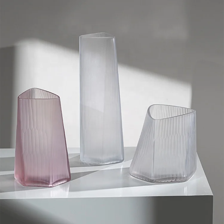 Bixuan Handmade Mouthblown Art Glass Flower Vase Unique Sanding Surface Design Geometrical Shape Solid Matte Color Flower Vases
