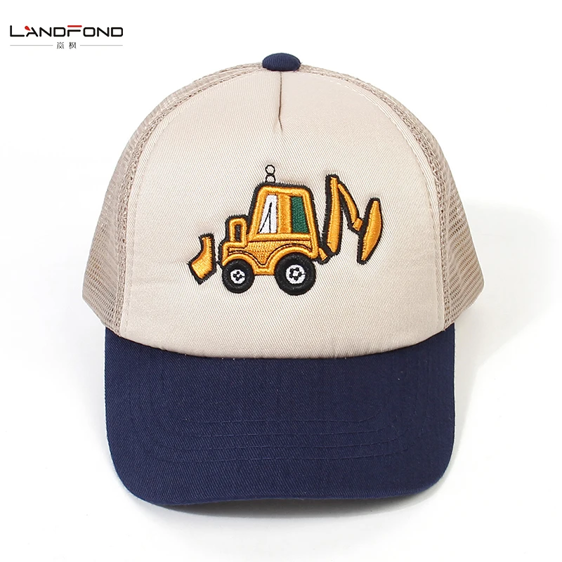 Landfond Outdoor Boys and Girls Trucker Hat Excavator Cartoon Embroidery Pattern Back Mesh Baseball Cap