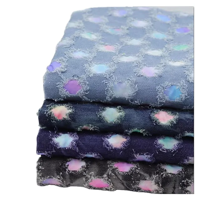 Oil painting hole denim colorful tie-dye washed denim fabric high-grade jacket for clothes jacket