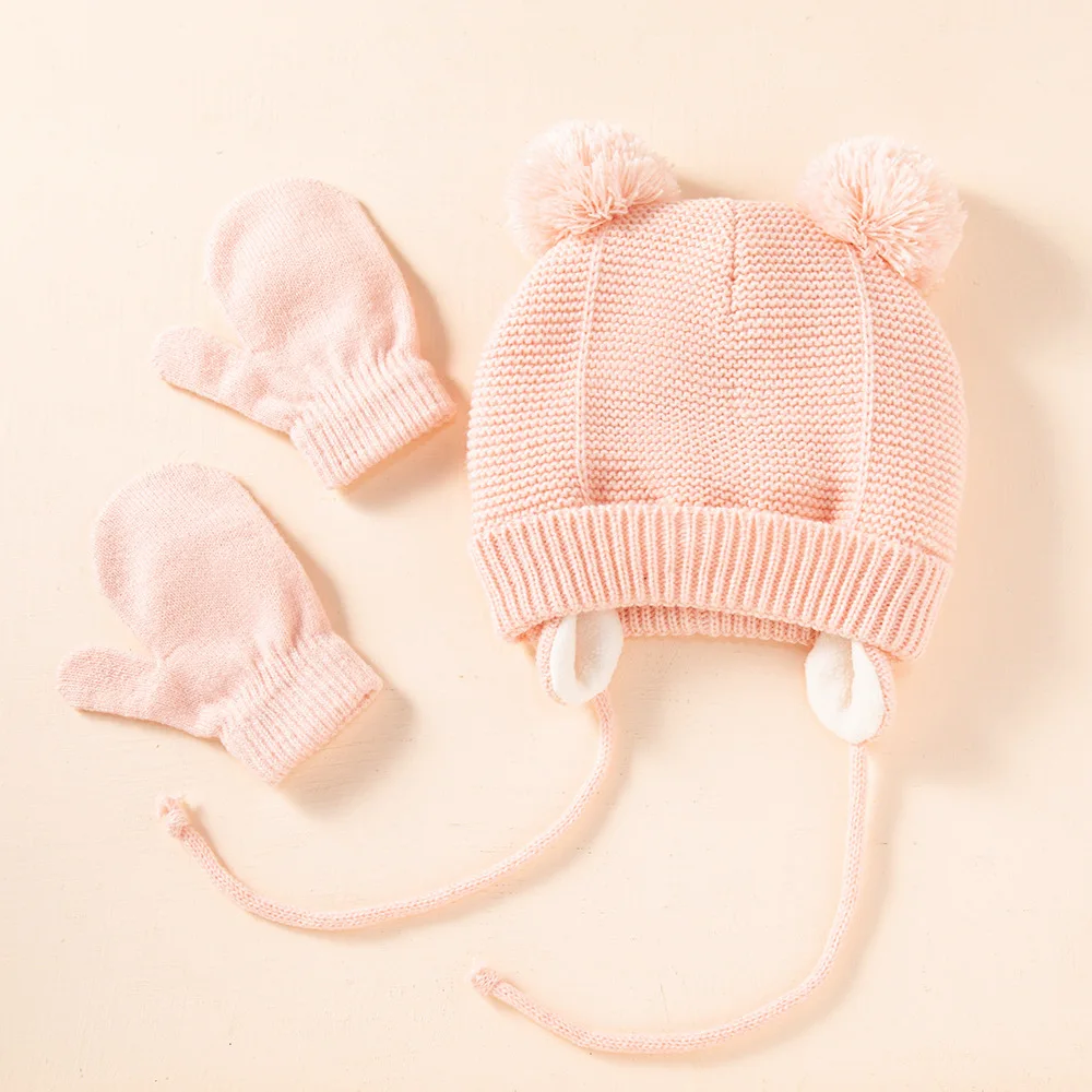 New arrival knitting bear shape baby hat and glove set 6 colors Winter Cap With Rope Lining Cute Boy Girl Warm Bear cap
