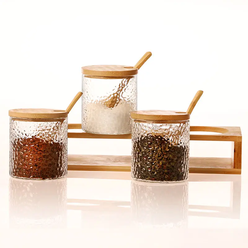 Wooden Container Storage Organizer Kitchen Glass Spice Jar Pepper Cruet Set With Bamboo Spoon Lid and Base