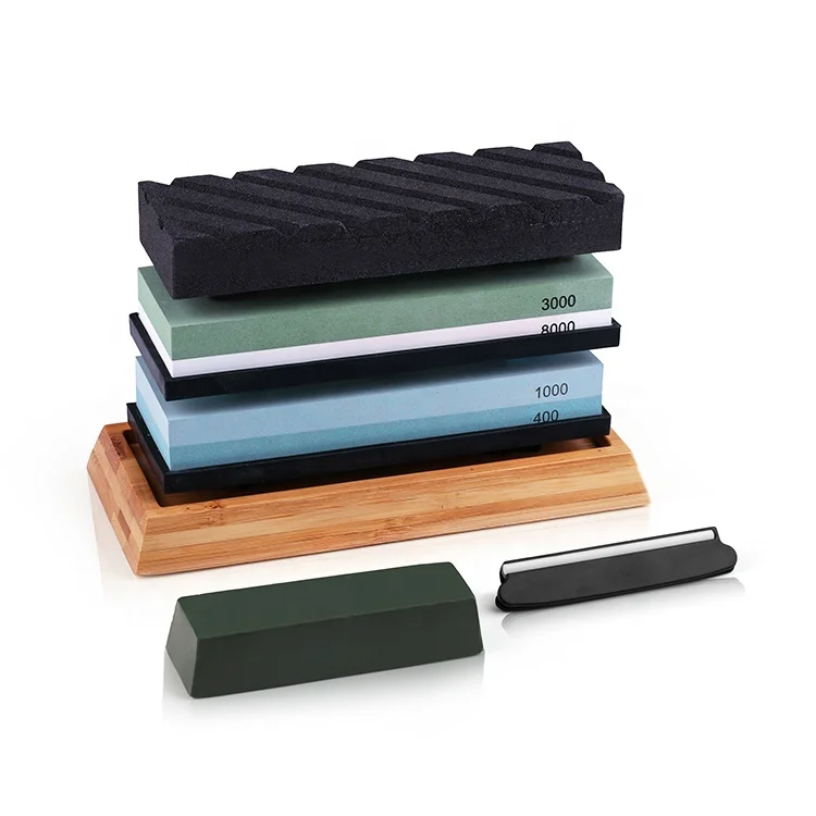 Whetstone Knife Sharpening Stone with 400/ 1000 and 3000/8000 grit with NonSlip Bamboo Base & Angle Guide