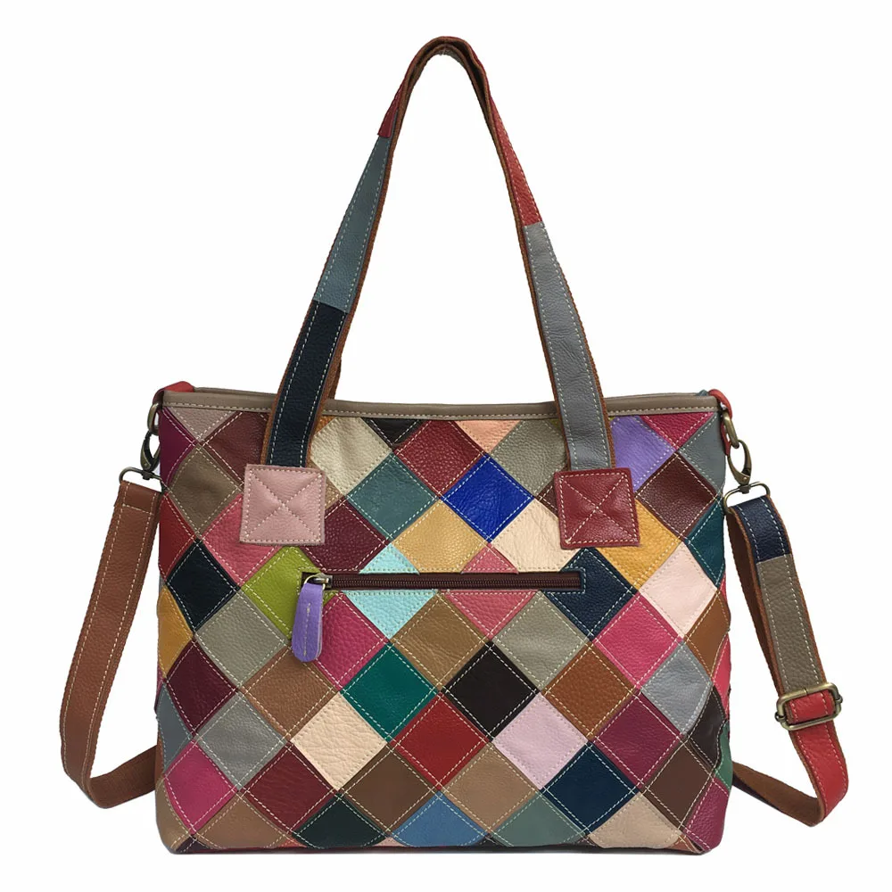 designer woman lady vintage casual street bohemian contrast color diamond check patchwork leather totebag shoulder crossbody bag