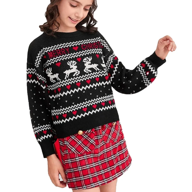 
Custom Winter Lantern Sleeve Knit Jacquard Christmas Sweater For Family Sweater Clothes 