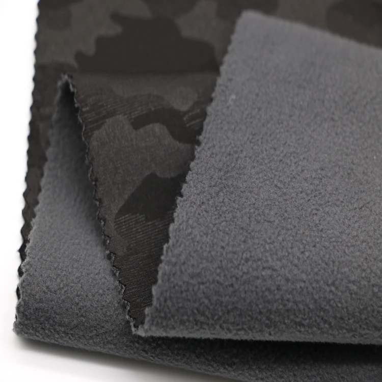 Camouflage printed polyester spandex pongee fabric tpu bond with micro fleece fabric use for outdoor garment
