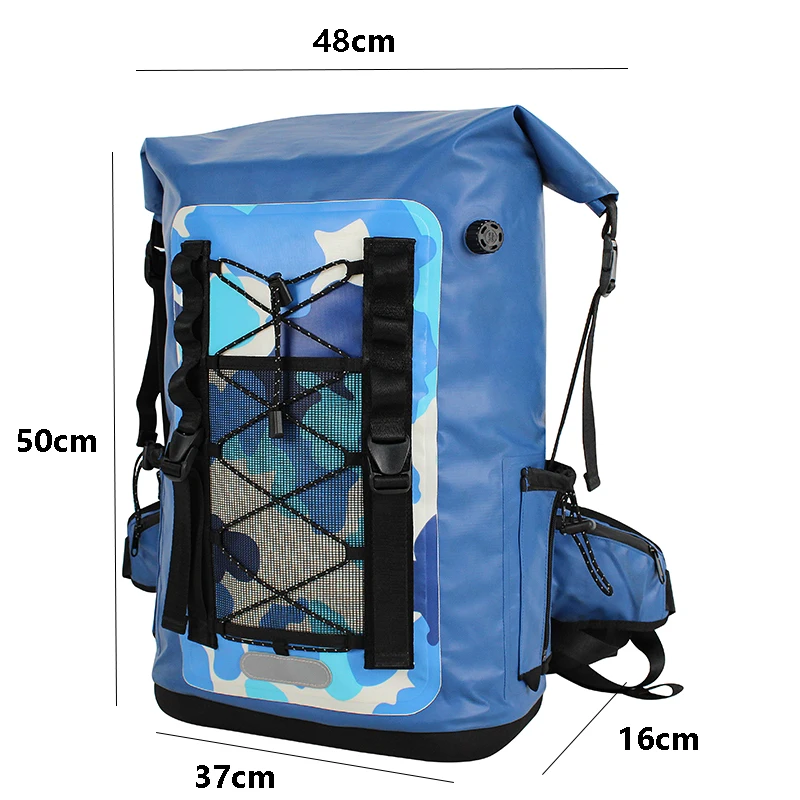 roll top closure blue waterproof tpu backpack hiking moutain dry bag backpack heavy duty with padded shoulder straps back