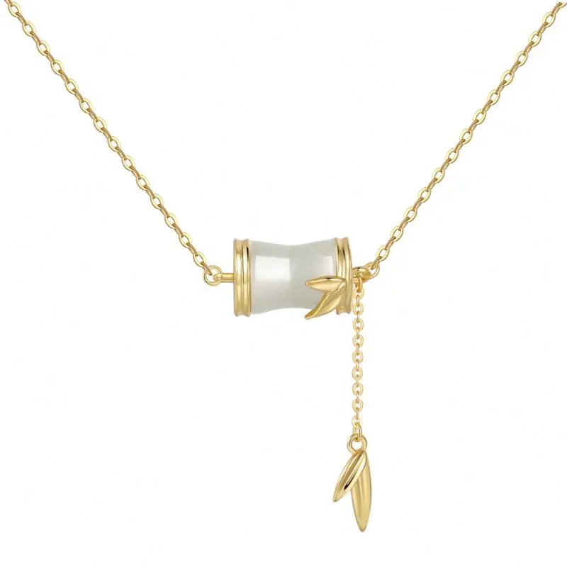 Dylam 22K Gold Plated S925 Sterling Silver Jewelry Necklace Women Girls Bamboo Shape Hetian Jade Pendant Necklaces Bracelets Set