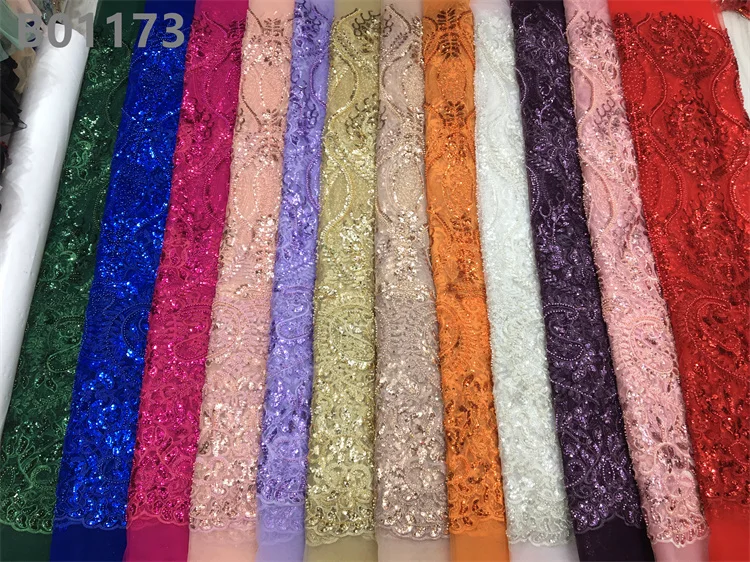 2023 Bulk Buy Nigerian Modern Pink Beaded Lace Fabric Bridal Embroidery Glitter Lace for Dress