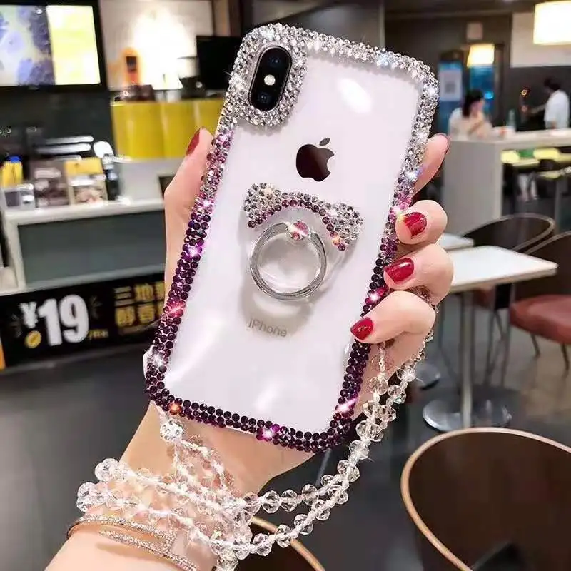 Luxury Diamond Clear Mobile Phone Case Cover With Ring Stand and Neck Strap For Iphone 11 12 13 Pro Max Case