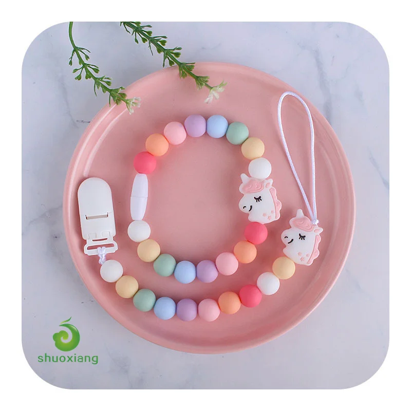 
New Arrival Rainbow Unicorn Silicone Teething Beads Baby Dummy Pacifier Clip Holder Case Nipple Soother Chain Baby Handkerchief 