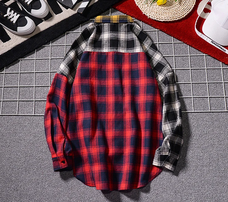2023 Spring new big sizes drop shoulders Loose casual plaid long sleeve shirt Colorblock flannel checked shirt