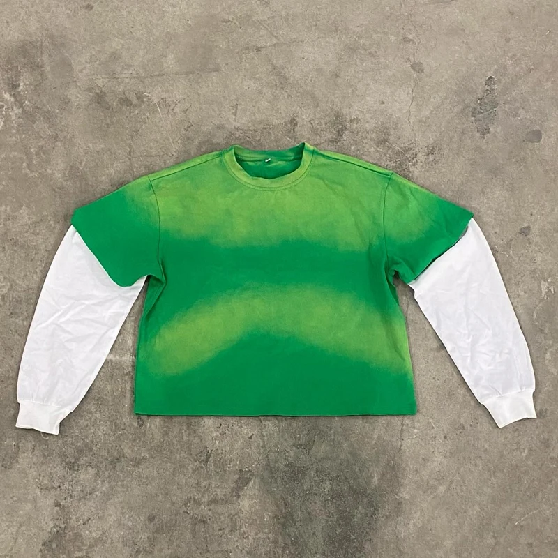 Blank T Shirt Screen Printing Raw Hem French Terry T Shirt Double Layered Long Sleeve Oem Custom Heavy Cotton for Men