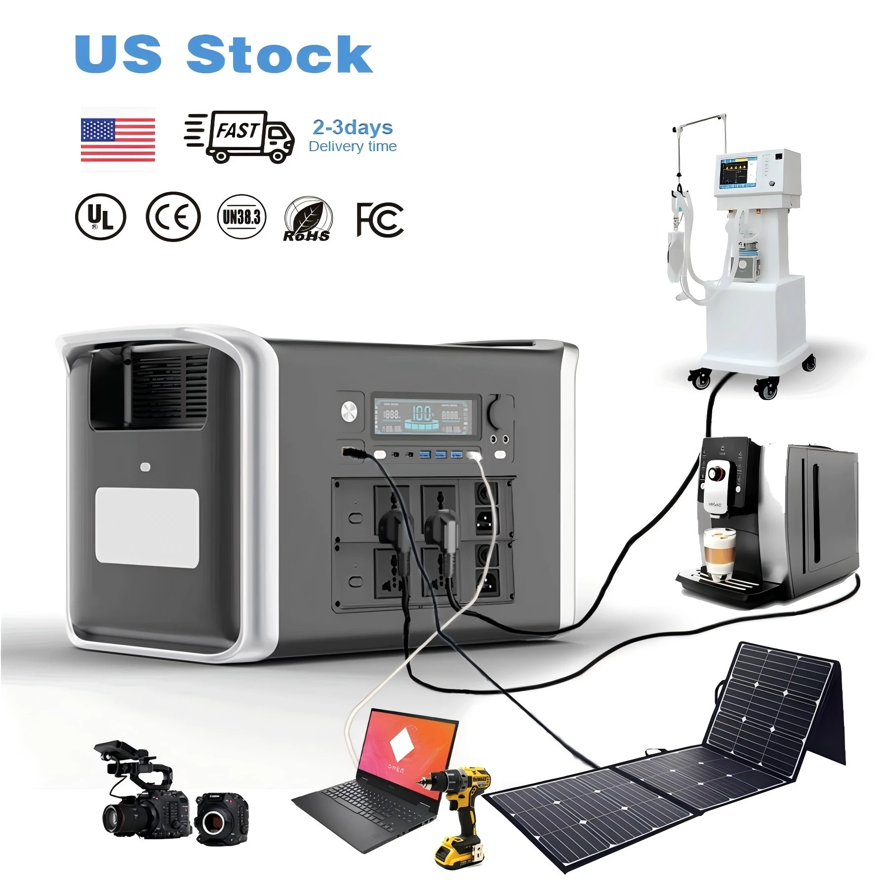 2000W Portable Power Station 2048Wh LiFePO4 Battery 2600W 1 Hr Fast Charge Solar Generator for Outdoor Camping/RV/Emergency