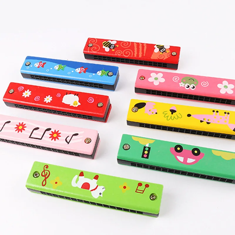 16 Holes Professional Wooden Harmonica For Beginners Musical Cartoon Pattern Instrument Montessori Educational Toys