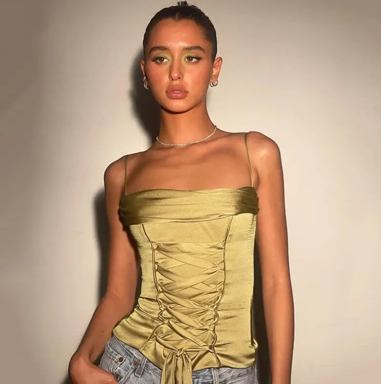 NEW ARRIVALS STOCK Green Slim Fit Halter Back Zipper Up Corset Casual Front Lace Up Cropped Tank Tops