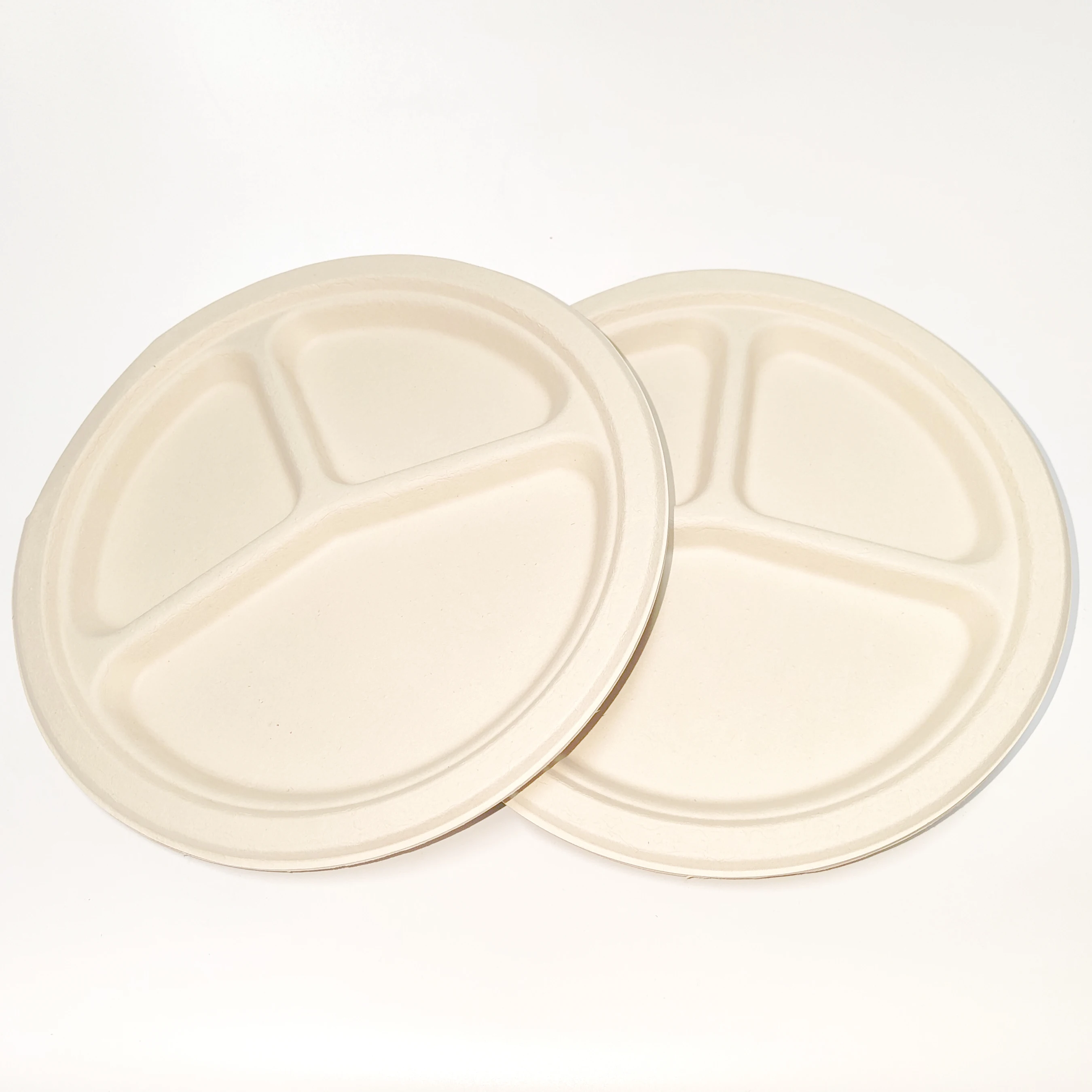 MZL Disposable Degradable 100%Bamboo Pulb Fiber 3-ComparRound Plate Green Environmental Protection