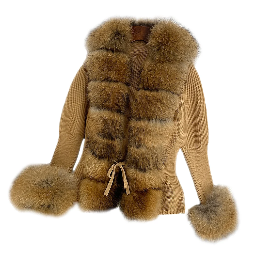 CX-G-A-291A Winter Warm Fur Sweater Women Knitted Belt Coat With Detachable Raccoon Fur Collar Cuffs