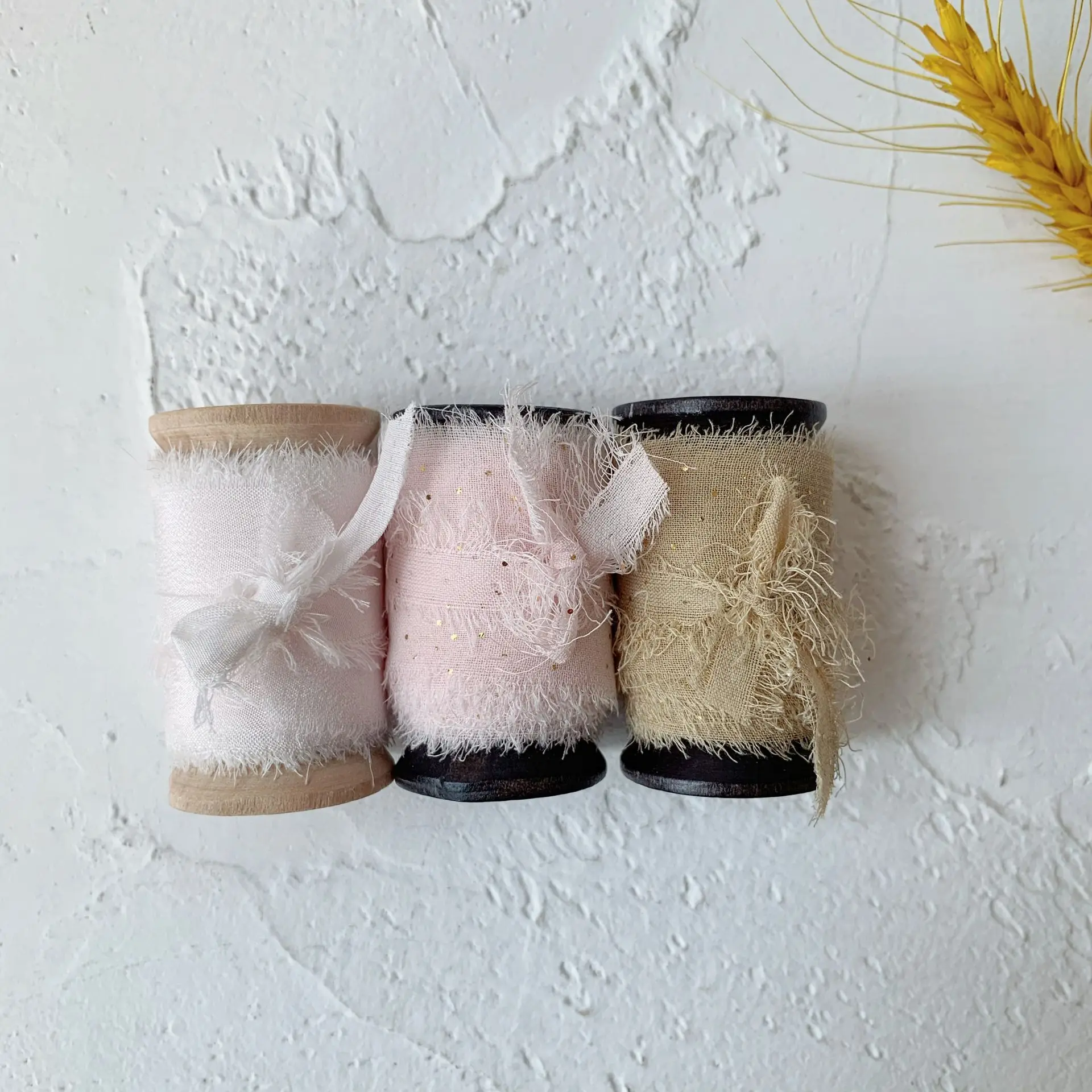 
3Rolls one Set 100% silk frayed edges ribbon ins style wedding silk ribbon woodenspools pure silk satin package ribbon wedding 