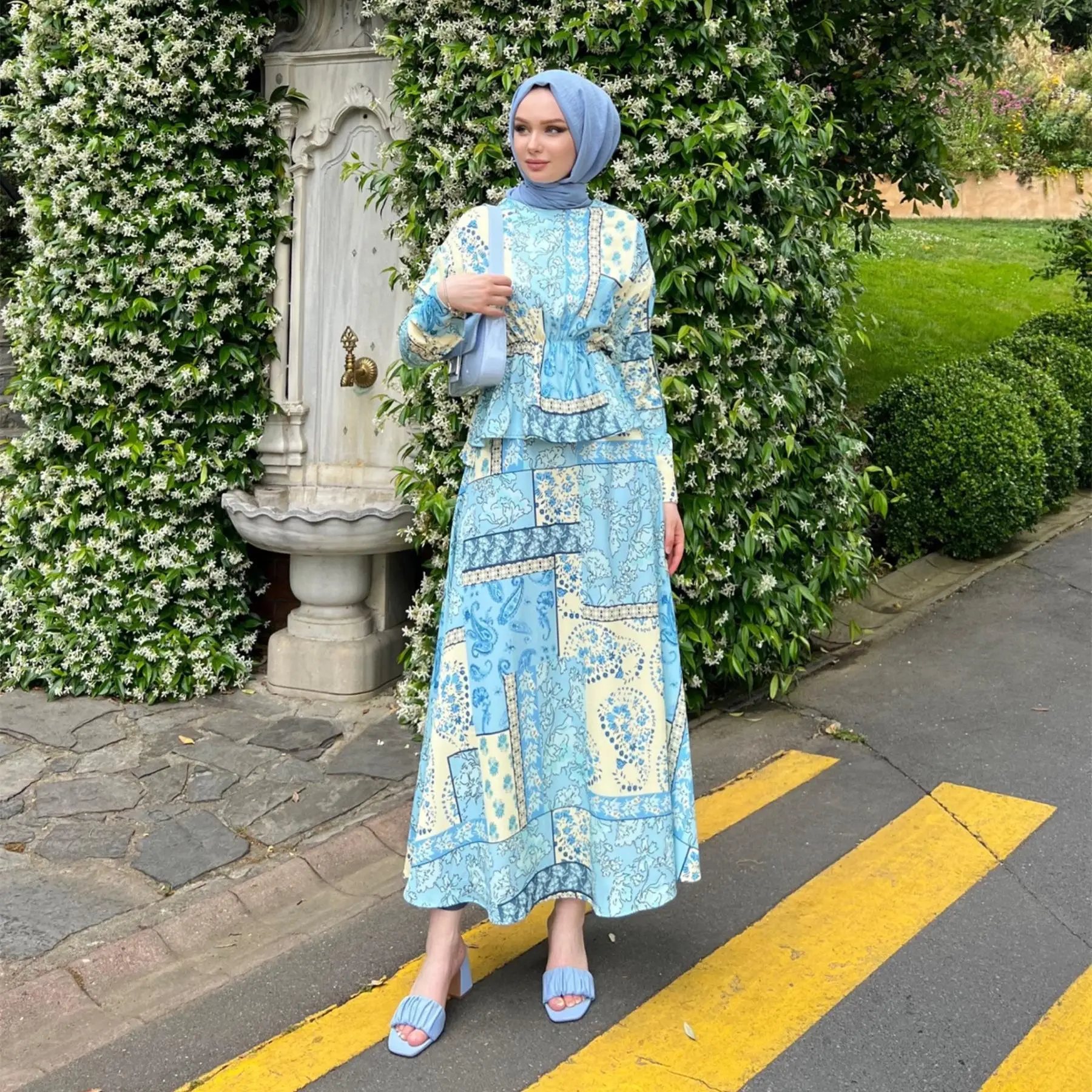 Women Modest Set Abaya Muslim Floral Printed Long Sleeve Blouse Loose Skirt 2 Piece Suit