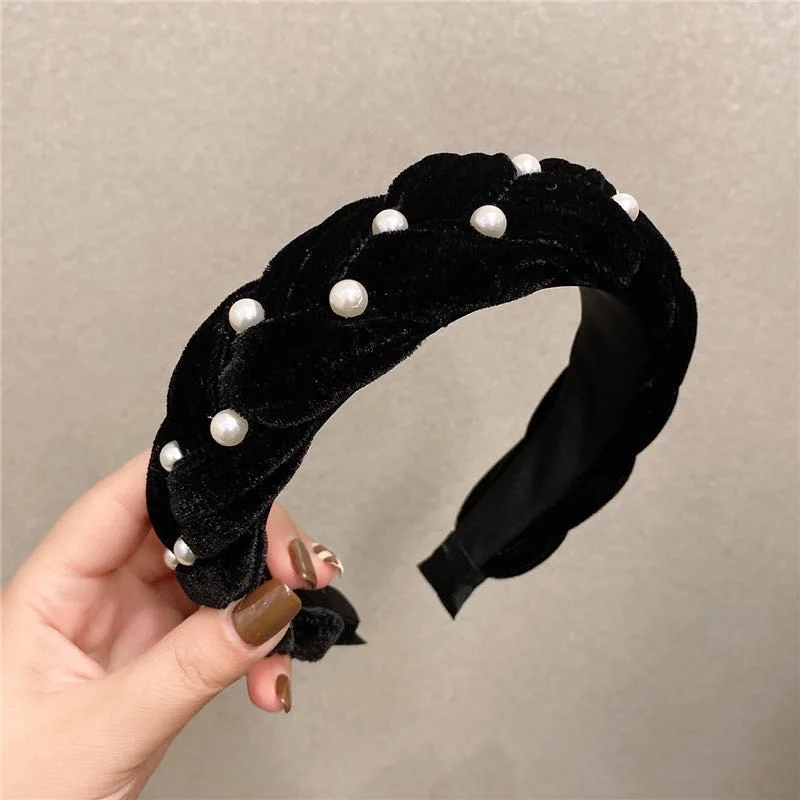 2024 black velvet twist pearl braid hair band women girls hair accessories