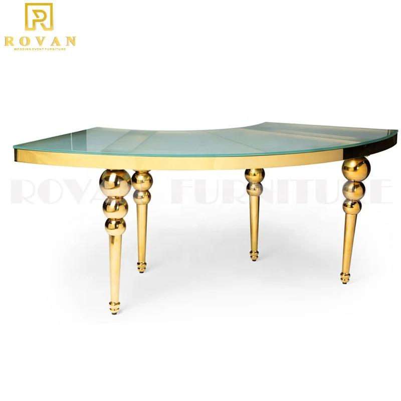 Banquet used MDF top stainless steel gold legs wedding dining room half moon table