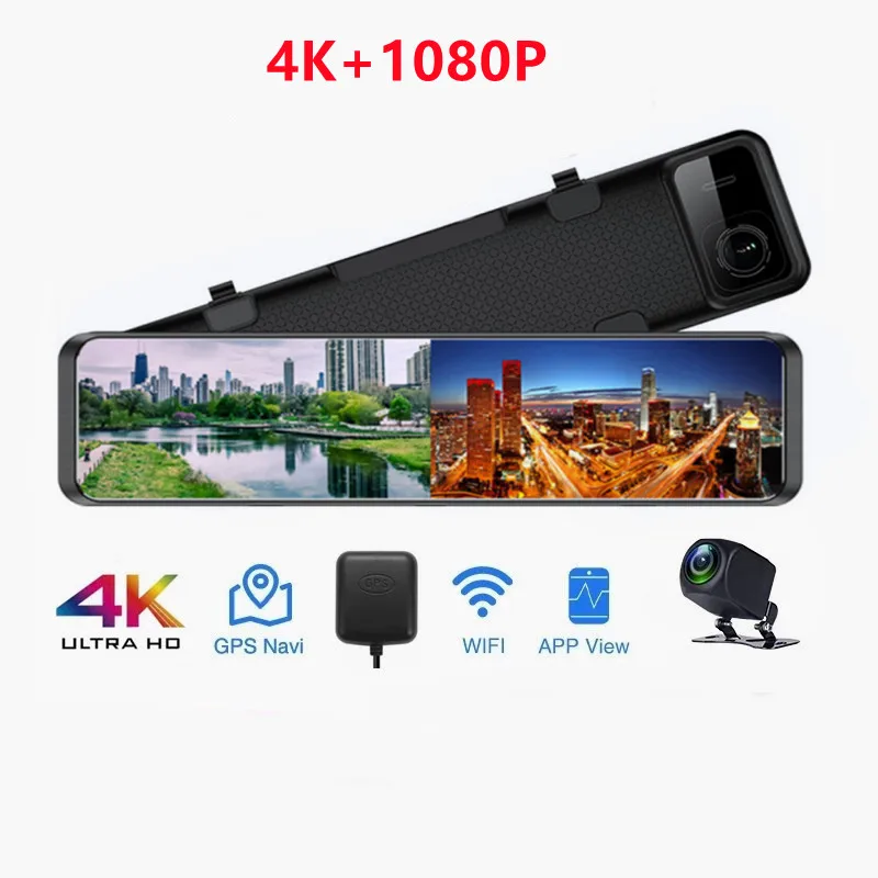 12 Inch 4K+1080P dual lens Rearview Mirror Car Dvr Video Recorder reverse dash camera dash cam front and rear 4k With GPS WiFi