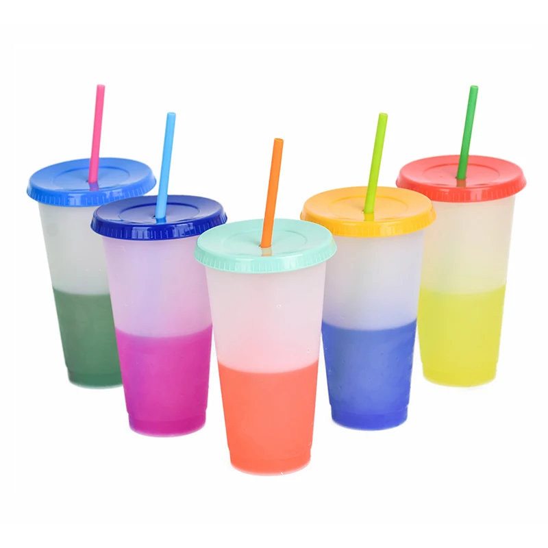 Hot Sale Reusable BPA Free Custom Print Available Plastic Coffee Cup Cold Water Color Changing Cup with Lid and Straw