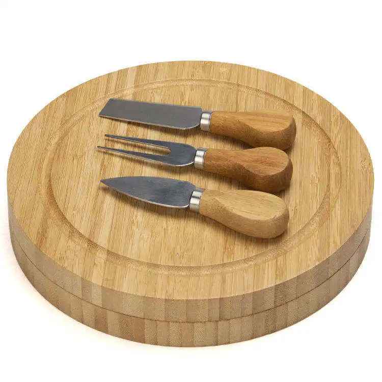 Wholesale Round Bamboo Cutlery Knife Set Cheese Cutting Charcuterie Board