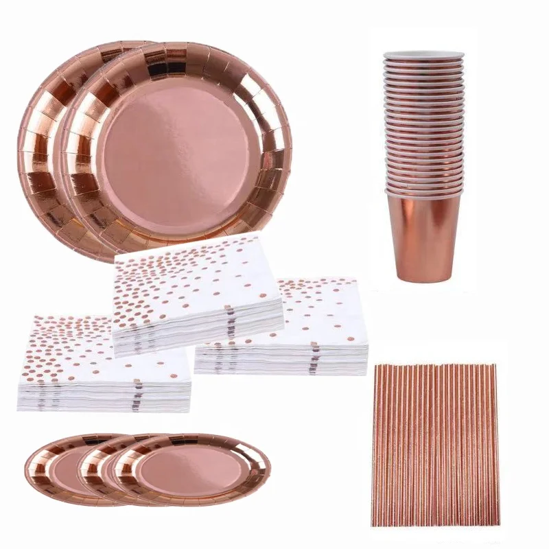 
24pcs*5 Total 120pcs Disposable Rose Gold Tableware Degradable Cups Napkins Straw Rose Gold Paper Plates Party Supplies 