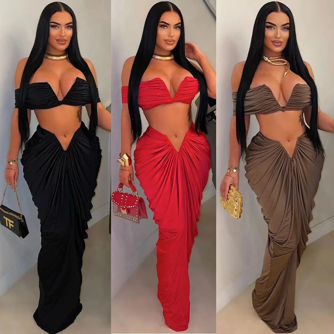 New style fashion sleeveless top+skirt sexy solid color casual slim fit ruched 2 pieces sets elegant suits party women clothing