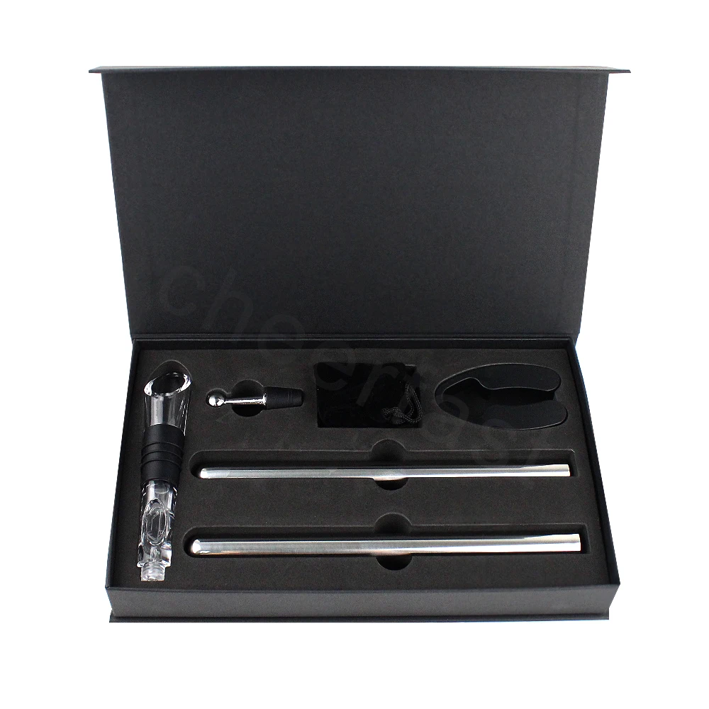 The Pourer And Aerator Function wine chiller stick gift set Wine Black Mganetic Gift Box Wine Chiller And Aerator Set