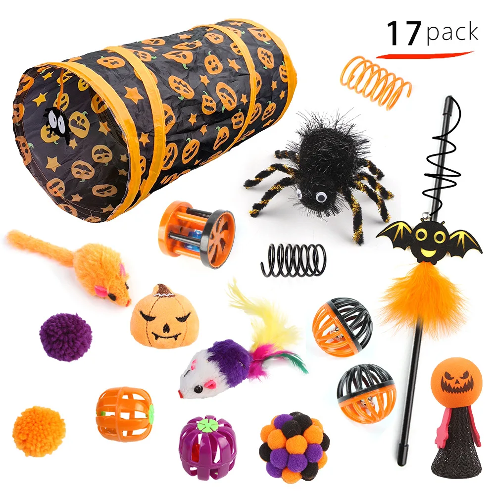 Wholesale Pet Cat Toys Set Luxury Feather Pumpkin Spider Ball Bell Mouse Teaser Interactive Halloween Pet Cat Tunnel Toys Set