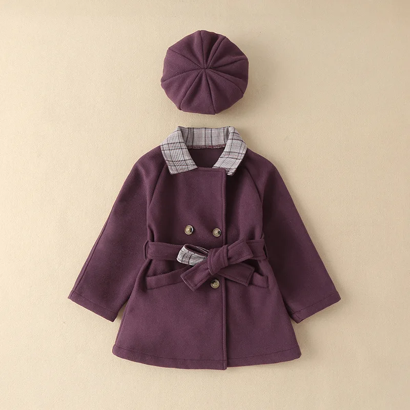 6386 Fall Winter Korean Baby Girl Cardigan Jackets Double-breasted Coat + Hat 2pcs Lapel Kids Plaid Outerwear Wool Warm Overcoat