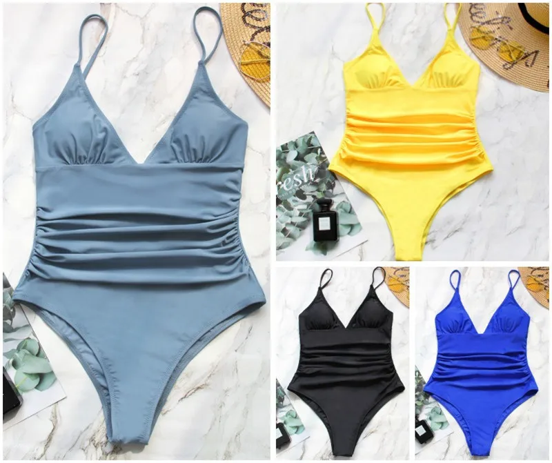 Hot selling 2023 cross-border new bikini sexy solid color belly covered one-piece swimsuit