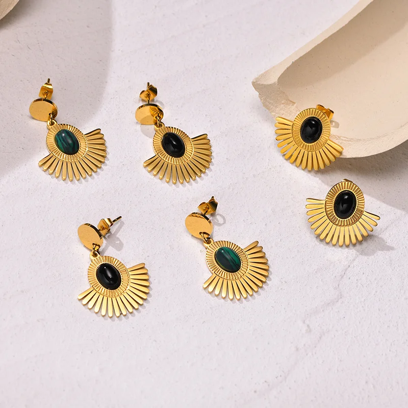 Wholesale Vintage Natural Stone Stainless Steel Statement 18K Gold Black Agate Sun Flower Onyx Drop Studs Earrings for Women