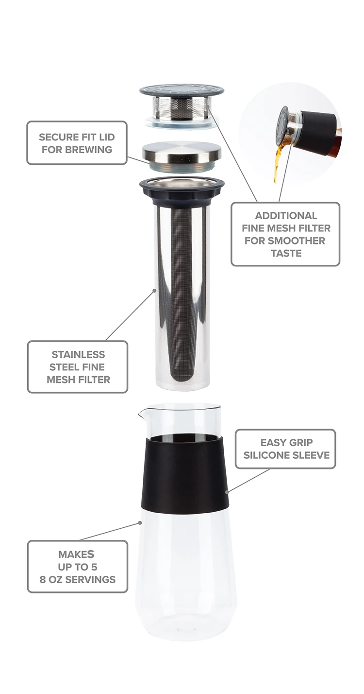 Easy To Clean Reusable Stainless Steel Mesh Filter Pitcher Jar Airtight Ice Tea Brewer Cold Brew Coffee Maker