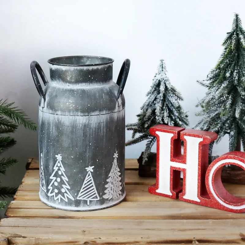 Christmas Vintage Metal Galvanized Iron Flower Jug with Handle for Fireplace Decoration  container  packing/giftpacking
